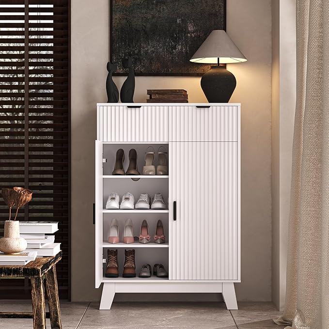 Fluted Shoe Cabinet, 4-Tier Mid Century Modern Narrow Shoe Storage Cabinet with Doors & 2 Drawers, Adjustable Shelves, Freestanding Hidden Shoe Rack Organizer & Wooden Legs for Entryway