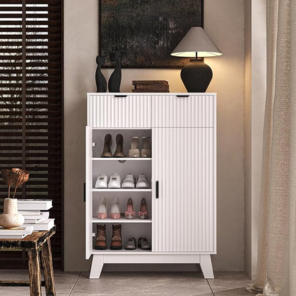 Fluted Shoe Cabinet, 4-Tier Mid Century Modern Narrow Shoe Storage Cabinet with Doors & 2 Drawers, Adjustable Shelves, Freestanding Hidden Shoe Rack Organizer & Wooden Legs for Entryway