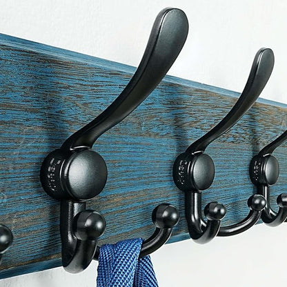 Dseap Coat Rack Wall Mount - Heavy-Duty Robust Barnwood-Style Wooden Wall Coat Hanger Hook Rail with 5 Triple Hooks for Winter Coats Hat Jacket Clothing, Weathered Blue & Black