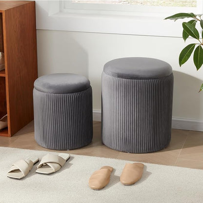 Royal Windsor Round Ottoman with Storage Set of 2,Vanity Stool with Storage for Bedroom, Ottoman Coffee Table,Small Velvet Foot Stool for Living Room,Grey