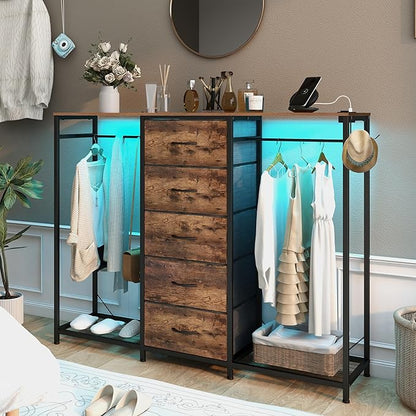 Dresser for Bedroom with Clothes Rack 5 Drawer Dresser with Charging Station LED Lights White Chest of Drawers Flexible Shelf and Open Storage Space for Bedroom Living Room (Brown)