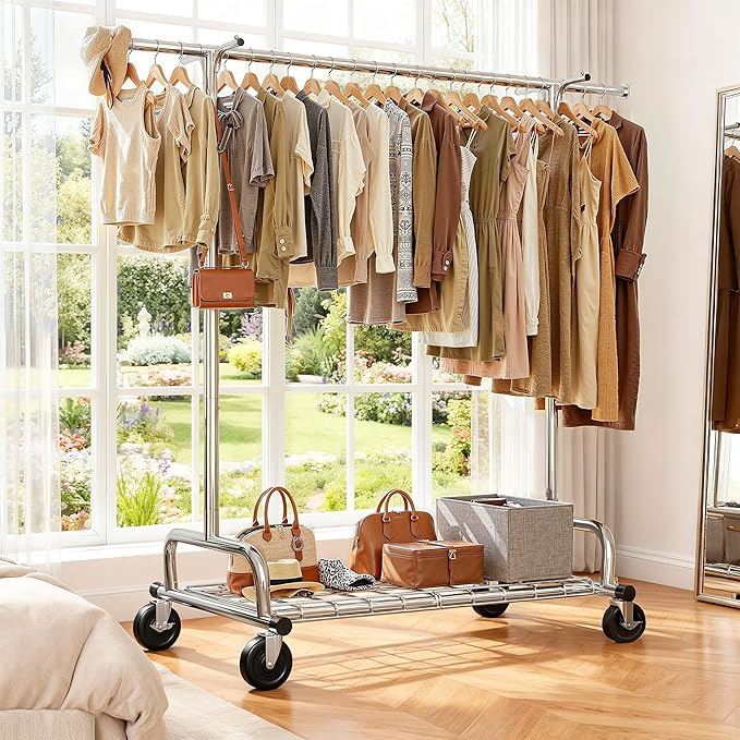Raybee Heavy Duty Clothes Rack, 75''W Clothing Rack with 4 Hooks & Sturdy Wheels, 450 LBS Capacity, Rolling Garment Rack Holds 150 Clothes, for Bedroom/Laundry/Commercial Use, Silver