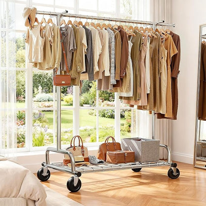 Raybee Heavy Duty Clothes Rack, 75''W Clothing Rack with 4 Hooks & Sturdy Wheels, 450 LBS Capacity, Rolling Garment Rack Holds 150 Clothes, for Bedroom/Laundry/Commercial Use, Silver