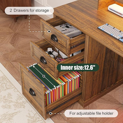 FREDEES L Shaped Desk with Movable Stand and Led Lights, 59 inch Farmhouse Home Office Desk with File Drawer, Corner Computer Desk with Power Outlets, Executive Desk for Working,Gaming, Walnut