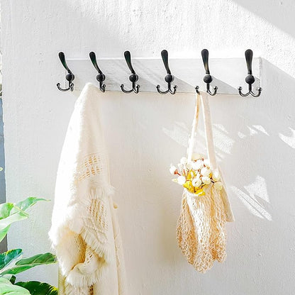 Dseap Coat Rack Wall Mounted - 24" Long 6 Tri Hooks, Heavy Duty Wooden Wall Coat Hanger Coat Hook for Clothes Hat Jacket Clothing, White and Black, Pack of 2