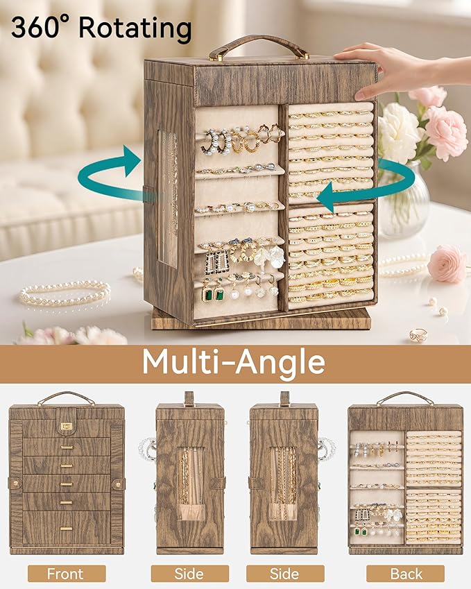 AKOZLIN 360° Rotating Jewelry Box Extra Large 6-Tier Organizer Functional Jewelry Storage Case for Women Girls Ring Necklace Earring Bracelet Holder with Mirror Color Wood Grain