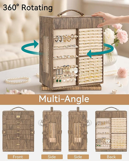 AKOZLIN 360° Rotating Jewelry Box Extra Large 6-Tier Organizer Functional Jewelry Storage Case for Women Girls Ring Necklace Earring Bracelet Holder with Mirror Color Wood Grain
