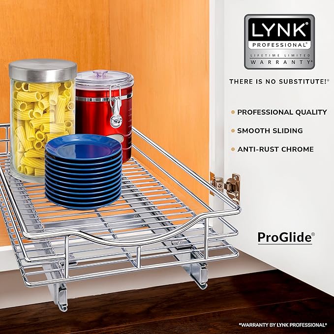 LYNK PROFESSIONAL® Pull Out Cabinet Organizer, 11" x 21" Slide Out Cabinet Organizer Pull Out Drawer – Pull Out Shelves for Kitchen Cabinets – Under Sink Organizers - Lifetime Ltd. Warranty, Chrome