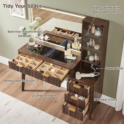 RedLemon 48" Fluted Vanity Desk with 36" Large HD Mirror and Lights, Modern Wood Glass Tabletop Makeup Table with Adjustable Storage Shelves, 5 Drawers, Charging Station for Bedroom, Dark Walnut