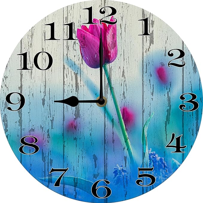 Purple Tulip Wall Clock 10 Inch Silent Non Ticking Battery Operated Wooden Modern Office Simple Minimalist Clock Decorative for Kitchen Home Bathroom Living Room