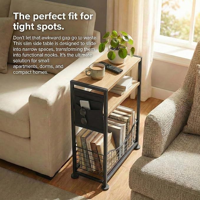 Skinny Side Table with Storage, 3 Tier Slim Side Tables for Small Spaces, Skinny End Table Narrow Bedside Table Narrow Side Table for Living Room, Bedroom