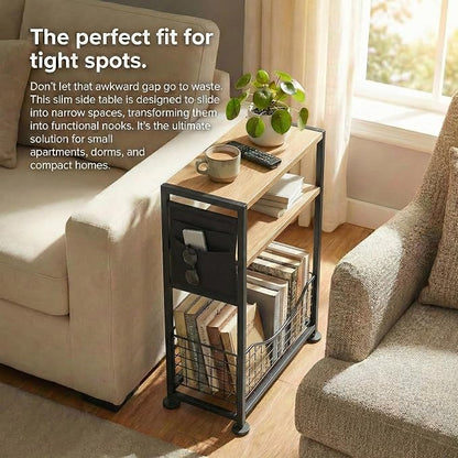 Skinny Side Table with Storage, 3 Tier Slim Side Tables for Small Spaces, Skinny End Table Narrow Bedside Table Narrow Side Table for Living Room, Bedroom