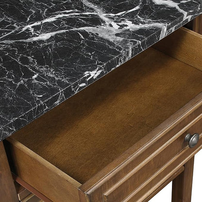 OSP Home Furnishings Fairmont Modern Farmhouse Kitchen Cart, Rolling Storage Cabinet with Drawer, Shelves, Hooks, Towel Bar, Oak Wood Finish with Faux Marble Top