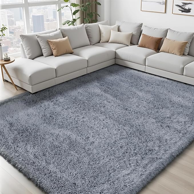 Area Rug for Living Room Bedroom: 8x10 Grey Soft Fluffy Shag Upgrade Non-Slip High Pile Carpet Large Fuzzy Plush Indoor Floor Decor Shaggy Rug for Kid Boys Girls Dorms Playroom Nursery Modern Home