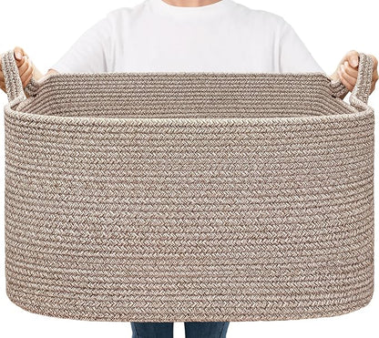 Goodpick Large Woven Storage Basket, 21.6" x 14.9" x 11.8" Blanket Basket for Living Room, Bedroom, Rectangle Rope Storage Organizer for Clothes, Toys, Brown