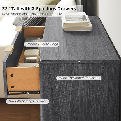 T4TREAM Fluted 3 Drawer Dresser, 32" Tall Modern Chest of Drawers, Curved Profile Design, Wood Drawer Organizer for Bedroom, Living Room, Hallway, Entryway, Dark Alder