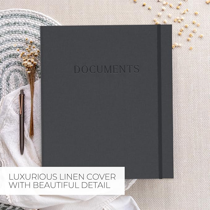 Important Document Organizer Set with Folders - Complete Linen Ring Binder Set Safely Stores All Documents & Files in One Place - Easy to Use Expanding Storage Incl. Envelopes, Pockets & Labels