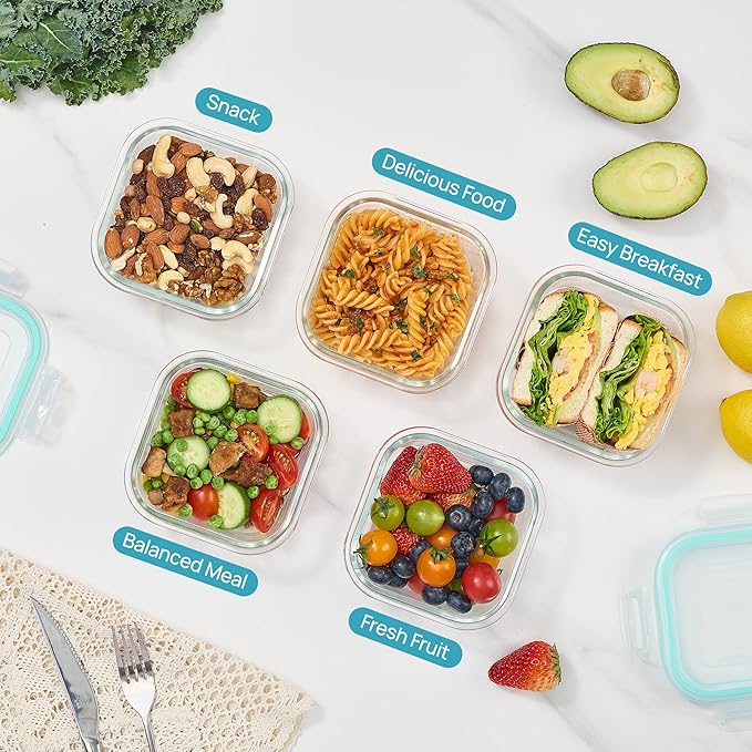 Vtopmart 5Pack 17.5oz Glass Storage Containers with Lids, Glass Meal Prep Food Container Sets with Snap Airtight Lid for Microwave, Oven, Freezer and Dishwasher, Green