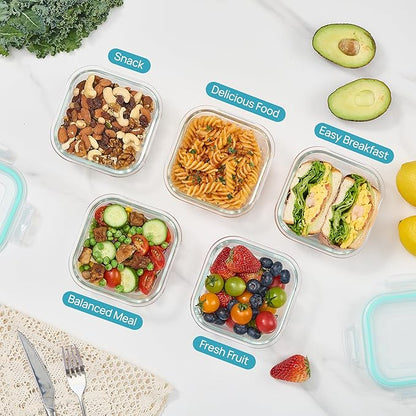 Vtopmart 5Pack 17.5oz Glass Storage Containers with Lids, Glass Meal Prep Food Container Sets with Snap Airtight Lid for Microwave, Oven, Freezer and Dishwasher, Green