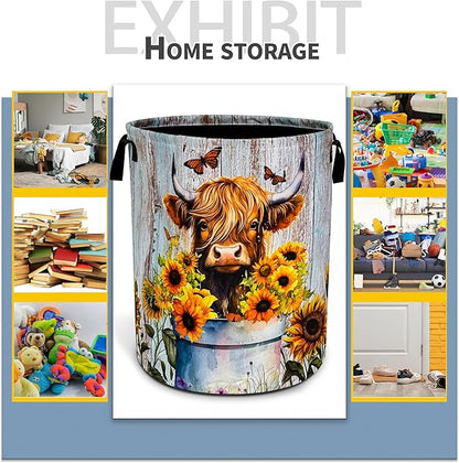 Highland Cow Sunflower Laundry Basket Animal Foldable Oxford Cloth Funny Tote Bag Laundry Hamper Clothes Storage Bucket Toy Organizer For Bathroom/Laundry Storage/Bedroom 18.9x16.5 Inch