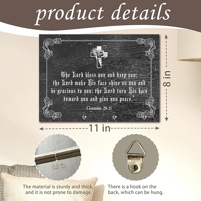 11" x 8" Black Vintage Wood Wall-Mounted Key Holder - Genesis - with 4 Metal Hooks for Easy Hanging, Suitable for farmhouses, Homes, bedrooms, Wall Decorations & Gifts (1 Pcs) - A14