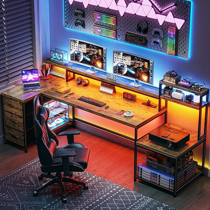 EnHomee 71" L Shaped Computer Desk with 3 Drawers & Hutch,Reversible Gaming Desk with LED Lights & Power Outlet,Home Office Desks with Monitor Stand & Printer Shelf for Student School Rustic Brown