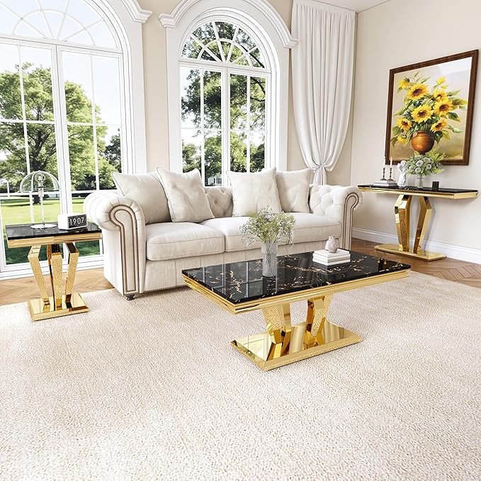 Living Room Coffee Table Set of 3, Modern Marble Coffee, End Side and Console Table, 3-Piece Living Room Table Set with Stainless Steel Base for Living Room (Gold,Black)