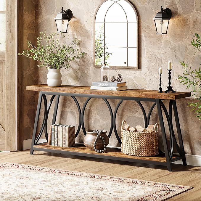 Tribesigns 71-Inch Long Entryway Console Table, 2 Tiers Industrial Narrow Sofa Table Behind The Couch with Storage Shelf and Metal Frame for Living Room, Entrance, Hallway, Brown & Black
