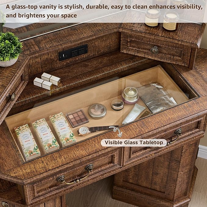 T4TREAM Makeup Vanity Desk 48" with 3 Way Mirror and Lights, Large Farmhouse Corner Vanity Dressing Table with Glass Top & Charging Station, 3 Drawers & 2 Storage Cabinets, Reclaimed Barnwood