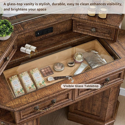 T4TREAM Makeup Vanity Desk 48" with 3 Way Mirror and Lights, Large Farmhouse Corner Vanity Dressing Table with Glass Top & Charging Station, 3 Drawers & 2 Storage Cabinets, Reclaimed Barnwood