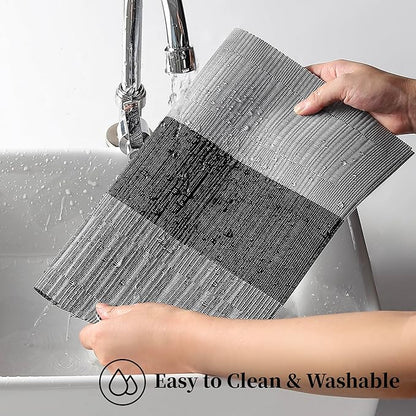 Leetaltree Grey with White Striped Placemats Set of 6 - Heat Resistant Non-Slip Place mats for Dining Table, Washable Durable PVC Vinyl Woven Table Mats（Grey Stripe, 6）