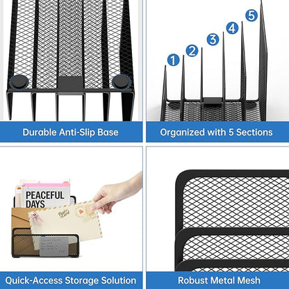Mail Organizer with 5 Slot, Metal Mail Holder for Desk, Office File Holder Letter Organizer for Mails (Black)