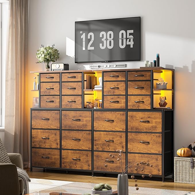 EnHomee Dresser with 12 Drawers & LED Lights, Dresser for Bedroom with 4 Open Storage Shelves, Fabric Dressers & Chests of Drawers, Metal Frame, Wood Top,45.2" H x 35.4" W x 11.8" D, Rustic Brown
