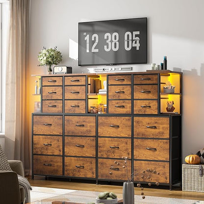 EnHomee Dresser with 12 Drawers & LED Lights, Dresser for Bedroom with 4 Open Storage Shelves, Fabric Dressers & Chests of Drawers, Metal Frame, Wood Top,45.2" H x 35.4" W x 11.8" D, Rustic Brown