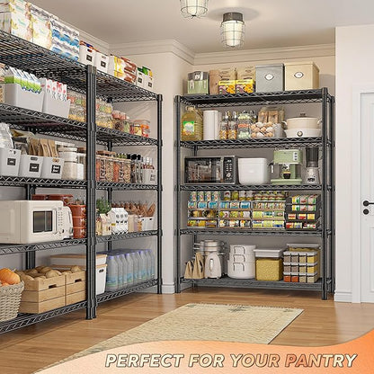REIBII Storage Shelves with Wheels Wide Wire Shelving Unit with Wheels 75.2"H Tall Metal Shelves for Storage Sturdy Heavy Duty Shelving Deep Pantry Shelves 5 Tier Storage Rack, Keep Organized, 2 Pack