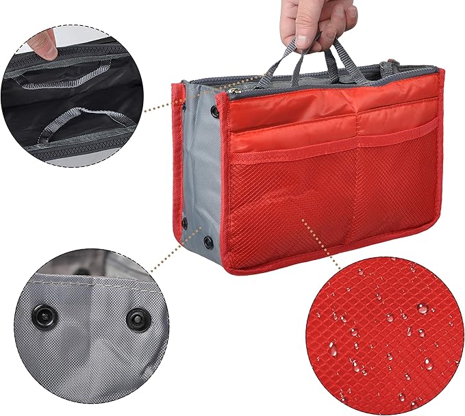 Vercord Purse Organizer Insert for Handbags Bag Organizers Inside Tote Pocketbook Women Nurse Nylon 13 Pockets Red Small