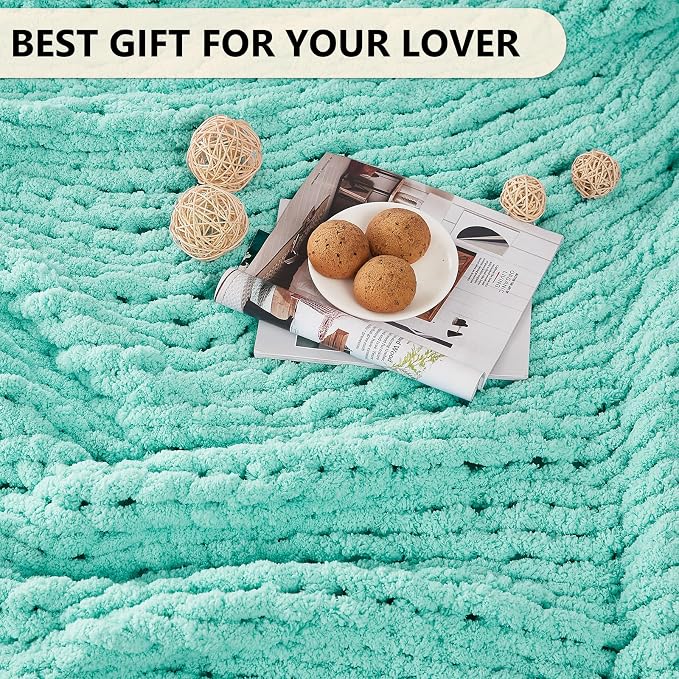 L'AGRATY Chunky Knit Blanket Throw: 50''x60'' Chenille Chunky Knitted Throw Blanket for Bed Couch - Handmade Thick Big Cable Knit Blanket - Large Crochet Rope Blankets for Home Decor(Lake Blue)