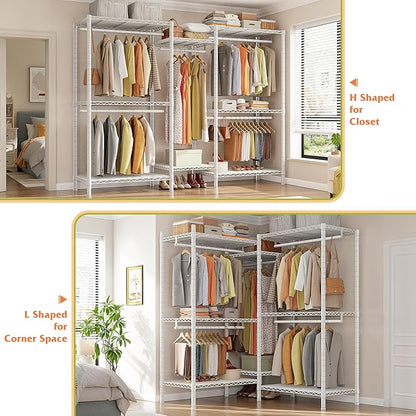 Raybee Clothes Rack, Clothing Racks for Hanging Clothes, L Shaped Clothing Rack for Corner 900LBS Heavy Duty Clothes Rack Garment Rack 74.5" W X 18" D X 77" H, White