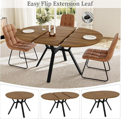 Extendable Round Dining Table Set for 4 People, 43.3"-59.1" Extendable Kitchen Table with 4 Upholstered Chairs, Space Saving for Kitchen Dining Room (Walunt Table+4 U-Shaped Brown Chairs)