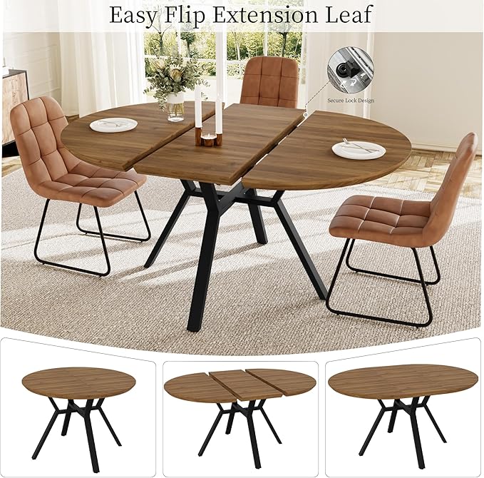 Extendable Round Dining Table Set for 6 People, 43.3"-59.1" Extendable Kitchen Table with 6 Upholstered Chairs, Space Saving for Kitchen Dining Room (Walnut Table+6 U-Shaped Brown Chairs)