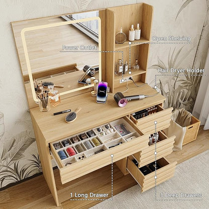 Fluted Vanity Desk with HD Mirror and Lights, Wood Makeup Vanity Table with 4 Drawers & Open Shelves, Mid Century Dressing Table Set with Charging Station, 3 Color Lighting Modes for Bedroom, Oak