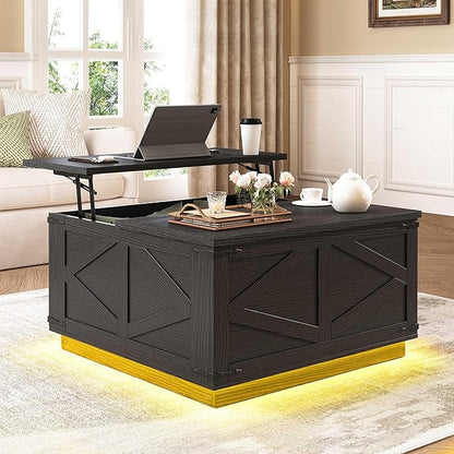 Jocoevol Farmhouse Lift Top Coffee Table, Square Wood Center Table with LED Lighting, USB-C Charging Station, and Hidden Storage Compartment - Rustic Black Living Room Furniture
