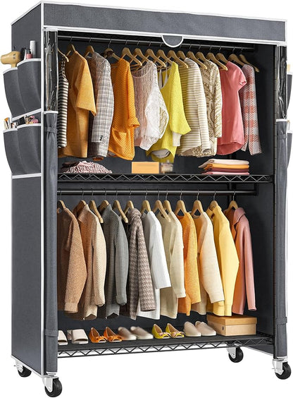 Raybee Rolling Clothes Rack with Cover, 81" H Heavy Duty Clothing Rack with Adjustable Shelves, Portable Wardrobe Closet with Visible Window, Double Rod Garment Rack on Wheels, Max Load 440LBS, Black
