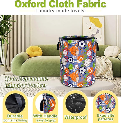 Balls Laundry Basket Funny Ball Sports Foldable Waterproof Oxford Cloth Tote Bag Laundry Hamper Round Large Clothes Storage Bucket Toy Organizer For Bathroom/Laundry Storage/Bedroom 18.9x16.5 Inch