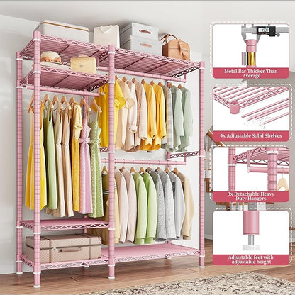 Raybee Clothes Rack Heavy Duty Loads 780LBS Clothing Racks for Hanging Clothes Adjustable Metal Portable Closet, 45.5" W x 77" H x16.5 D Pink