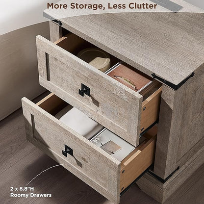 T4TREAM 24" Farmhouse Nightstand with Charging Station Set of 2, Large End Table with 2 Storage Drawers, Rustic Wood Sofa Bedside Table for Bedroom, Light Rustic Oak