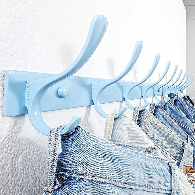 SKOLOO Coat Rack Wall Mounted - 10 Hooks, Pack of 2, Heavy Duty, Stainless Steel, Metal Coat Hanger, Sturdy Wall Hooks for Hanging Coats, Jacket, Clothes, Hat, Blue