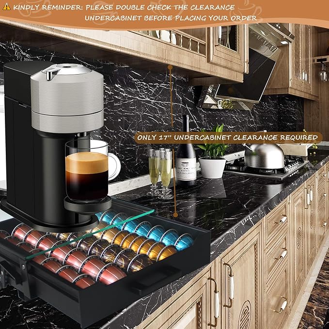 Vertuo Pod Holder Drawer with Deluxe Black Tempered Glass Top, Compatible for Nespresso VertuoLine Pods, Holds up to 75 Small or 50 Big Vertuo Pods Compact Design (CRYSTAL CLEAR ROLLING DRAWER)