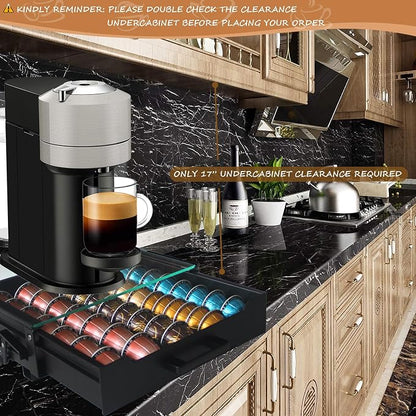 Vertuo Pod Holder Drawer with Deluxe Black Tempered Glass Top, Compatible for Nespresso VertuoLine Pods, Holds up to 75 Small or 50 Big Vertuo Pods Compact Design (CRYSTAL CLEAR ROLLING DRAWER)