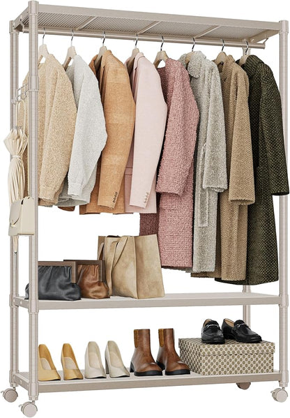 IZEUK Heavy Duty Rolling Garment Rack Wire Clothes Rack for Hanging Clothes (Gold, 3 Tier with 1 Rod, 17.7" D x 45.3" W x 70.3" H)